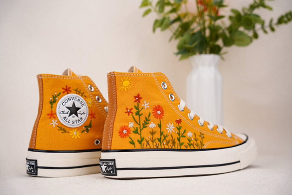 Sunny Yellow Wildflower Hand Embroidered High Top Sneakers
