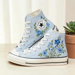 Embroidered Blue Converse with Flowers - Personalized Style