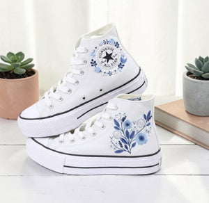 Converse Hand-Embroidered Blue Flower High-Top Sneakers