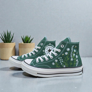 Converse Hand-Embroidered Dark Green with Hand-Stitched Floral Embroidery
