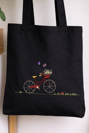 Cute Canvas Bags Hand-Embroidered - Bicycle Design