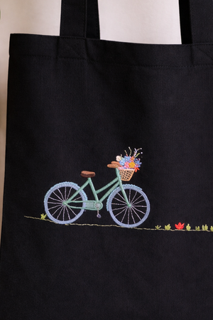 Cute Tote Bag Hand-Embroidered - Floral Bicycle Design