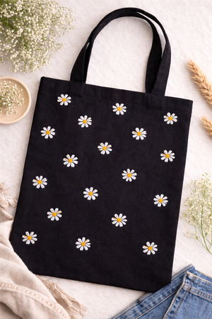 Daisy Tote Bag with Floral Embroidery