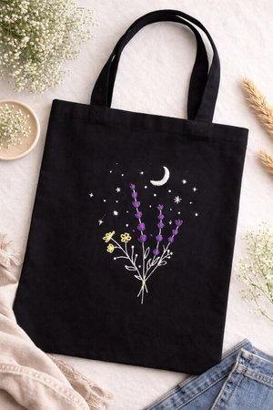 Embroidered Shopper Bag - Lavender and Moon Design