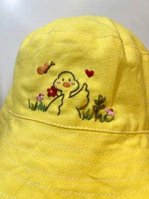 Hand Embroidered Duck Linen Baby Hat – Cute Summer Bucket Hat for Babies & Kids