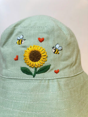 KawaStitch Hand Embroidered Sunflower and Bee Linen Baby Hat