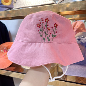 Pink flowers Embroidered Linen Baby Hat – Summer Bucket Hat for Toddlers & Kids
