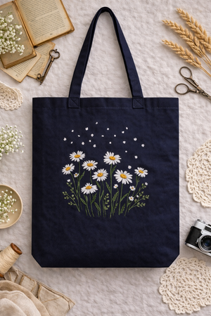 Stitched Tote Bag with Floral Embroidery