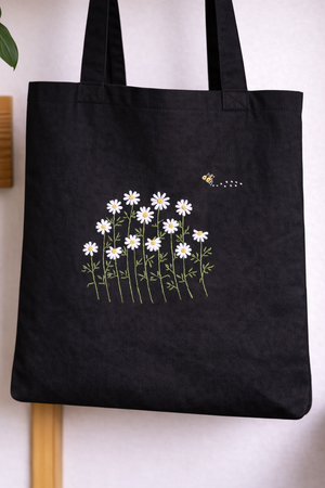 Tote Bag with Flowers - Hand-Embroidered Daisy And Bee Design