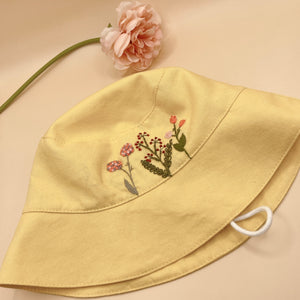 Yellow Embroidered Linen Baby Hat – Summer Bucket Hat for Toddlers & Kids