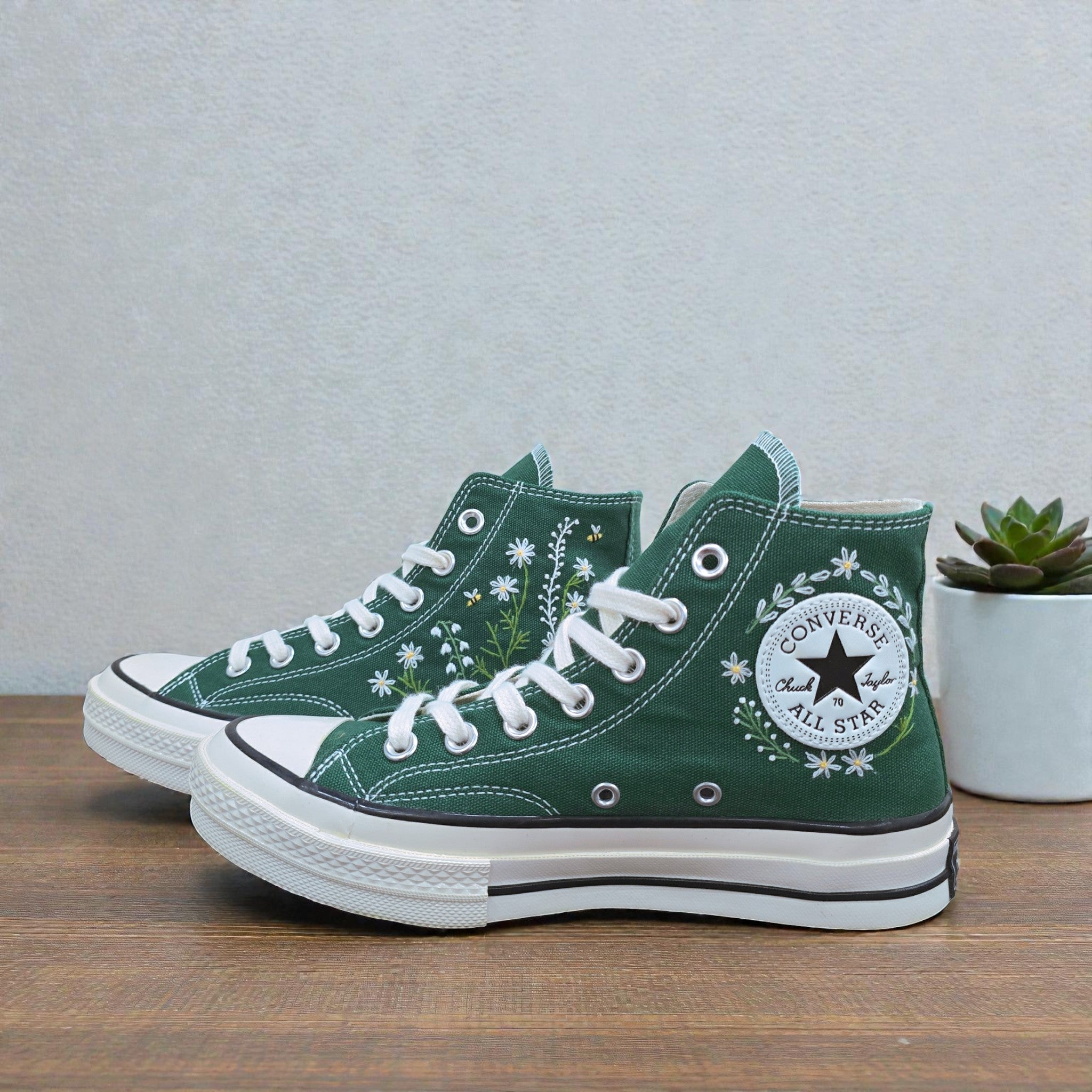 Converse Hand-Embroidered Dark Green with Hand-Stitched Floral Embroidery
