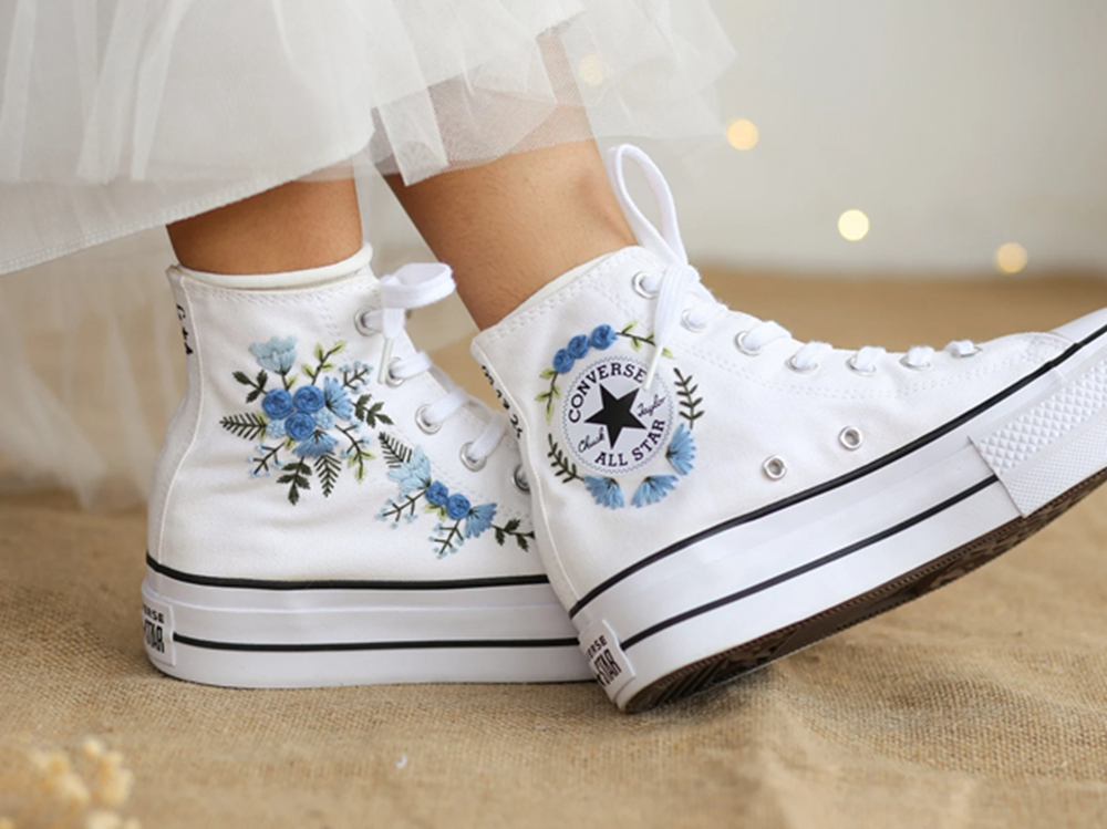 Blue Bouquet Hand-Embroidered Bridal Platform Shoes