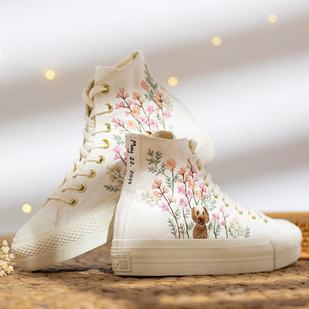 Custom Pet Portrait & Bridal Floral Hand-Embroidered Platform Sneakers