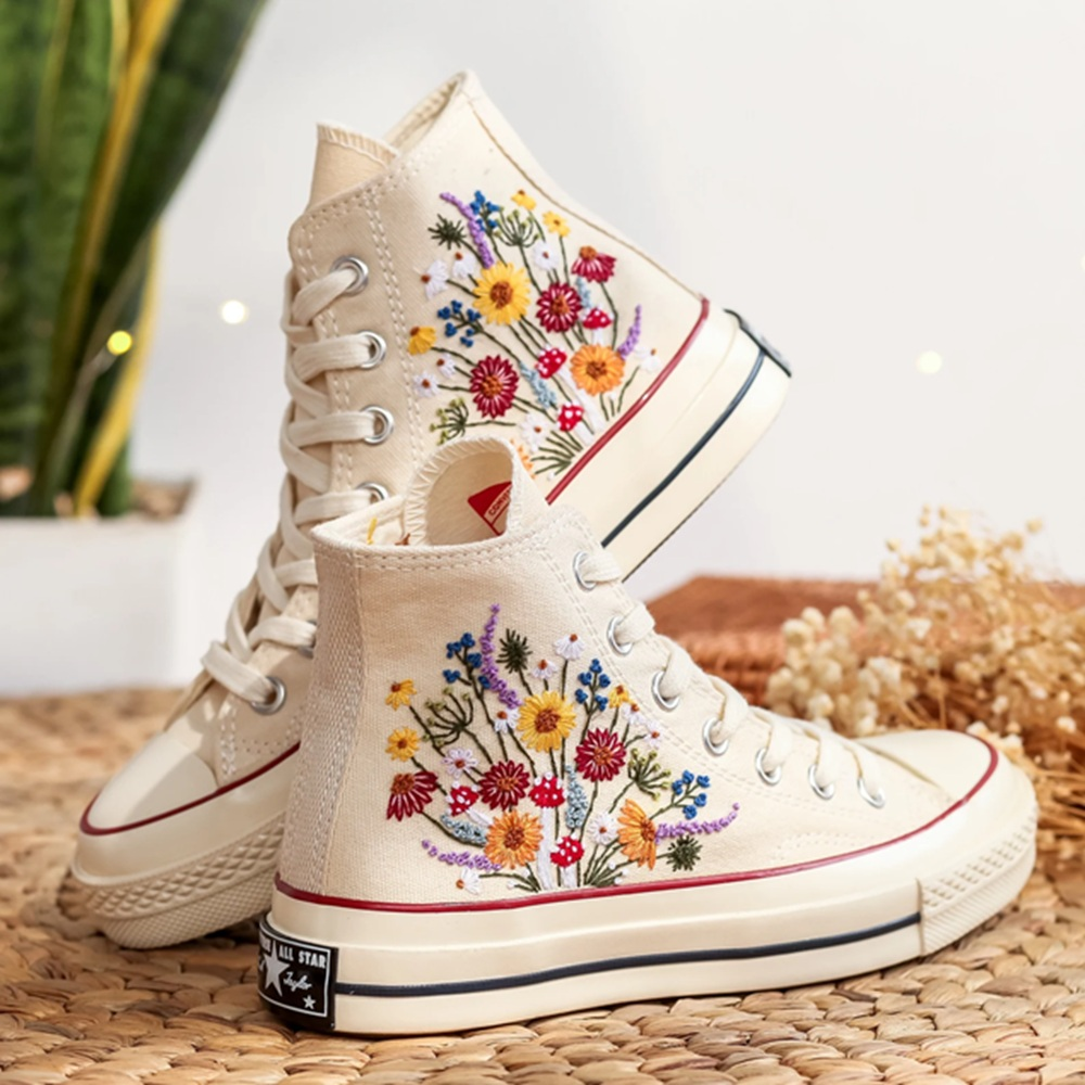 Wildflower & Mushroom Hand-Embroidered High-Top Sneakers