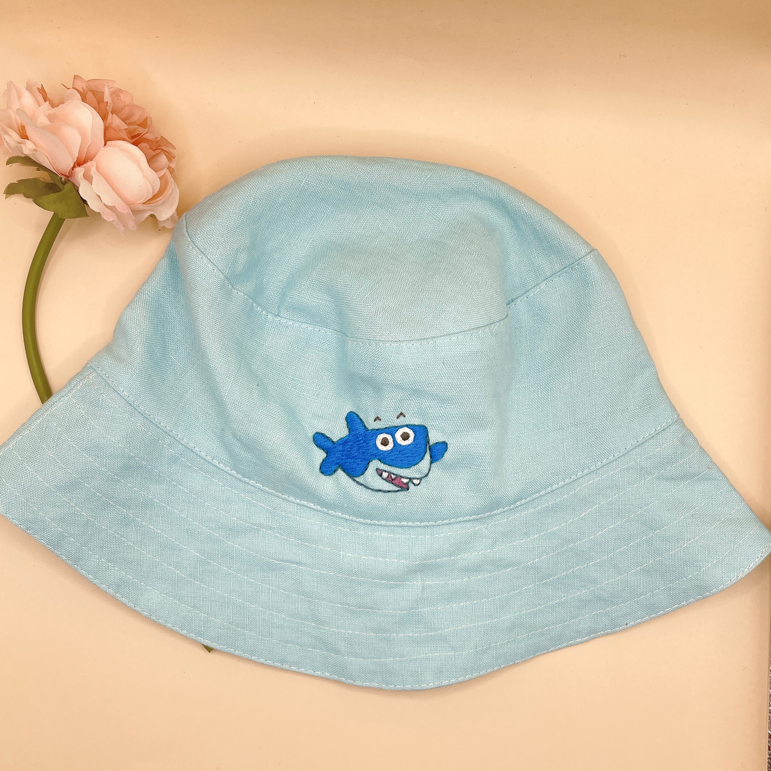 Baby Shark Embroidered Linen Baby Hat – Summer Bucket Hat for Toddlers & Kids