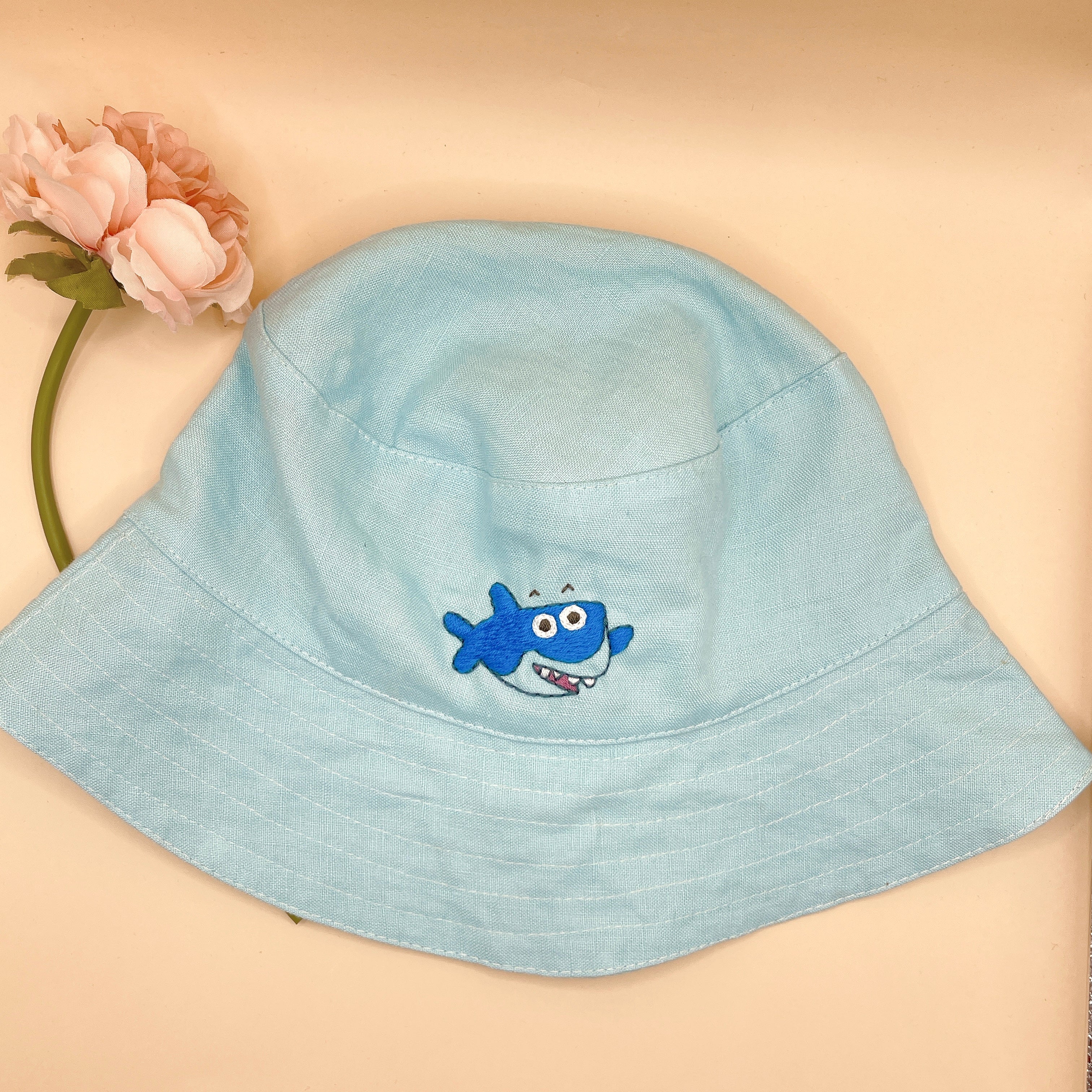 Baby Shark Embroidered Linen Baby Hat – Summer Bucket Hat for Toddlers & Kids