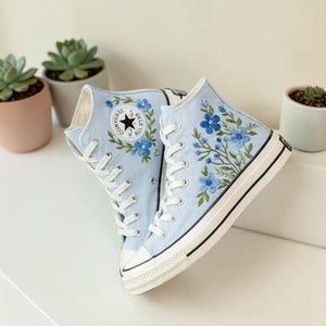 Embroidered Blue Converse with Flowers - Personalized Style