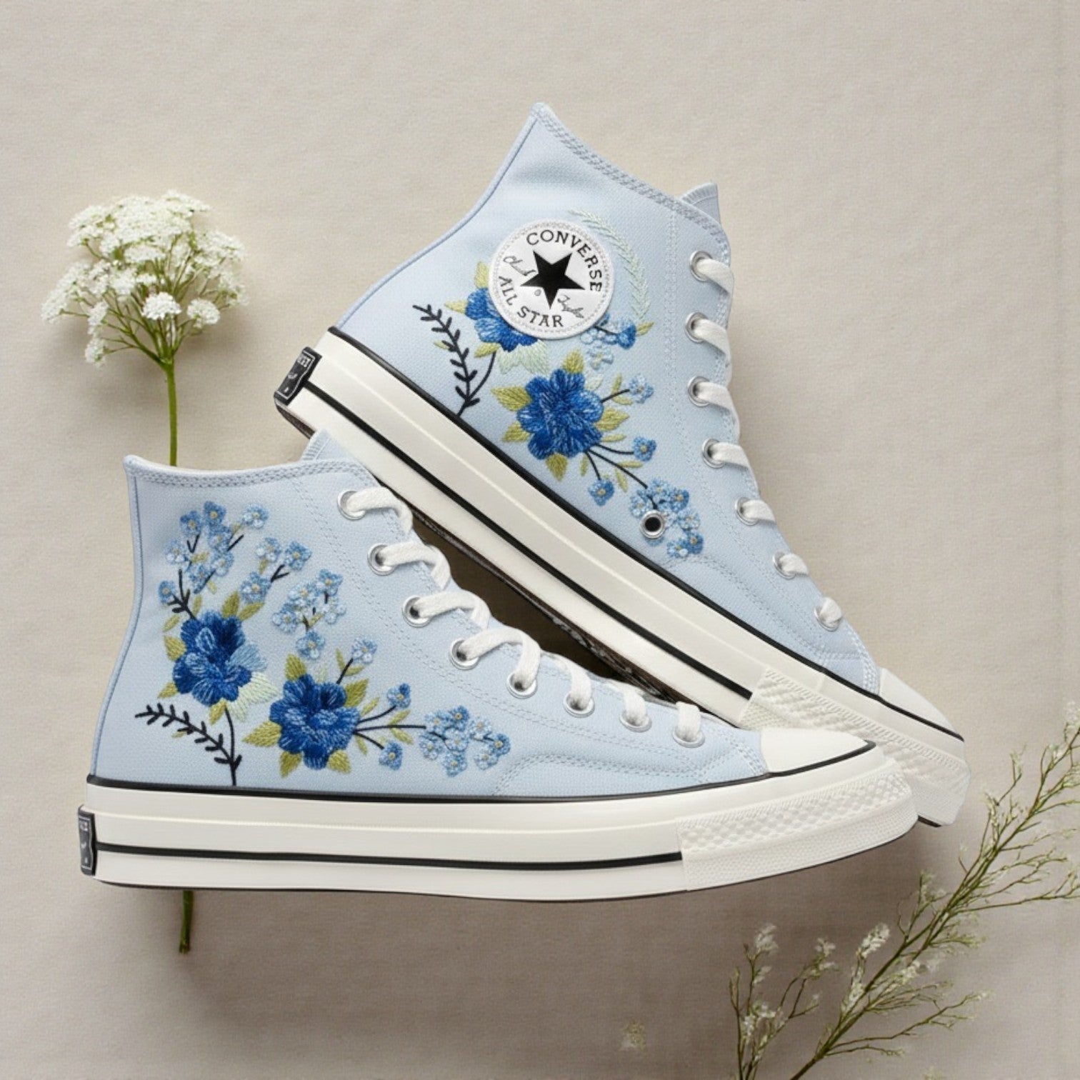 Converse Embroidered Blue Flower Sneakers