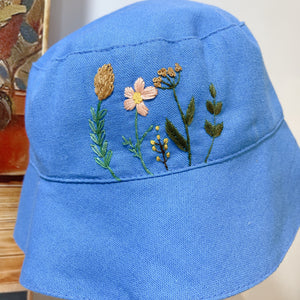 Blue flowers Embroidered Linen Baby Hat – Summer Bucket Hat for Toddlers & Kids