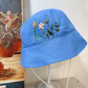 Blue flowers Embroidered Linen Baby Hat – Summer Bucket Hat for Toddlers & Kids