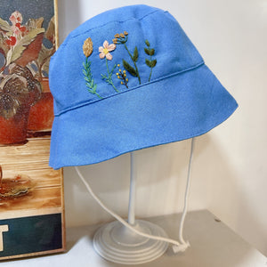 Blue flowers Embroidered Linen Baby Hat – Summer Bucket Hat for Toddlers & Kids