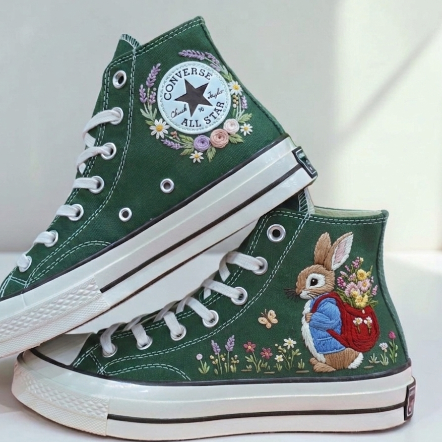 Embroidered Bunny Converse Shoes - Personalized Floral Art