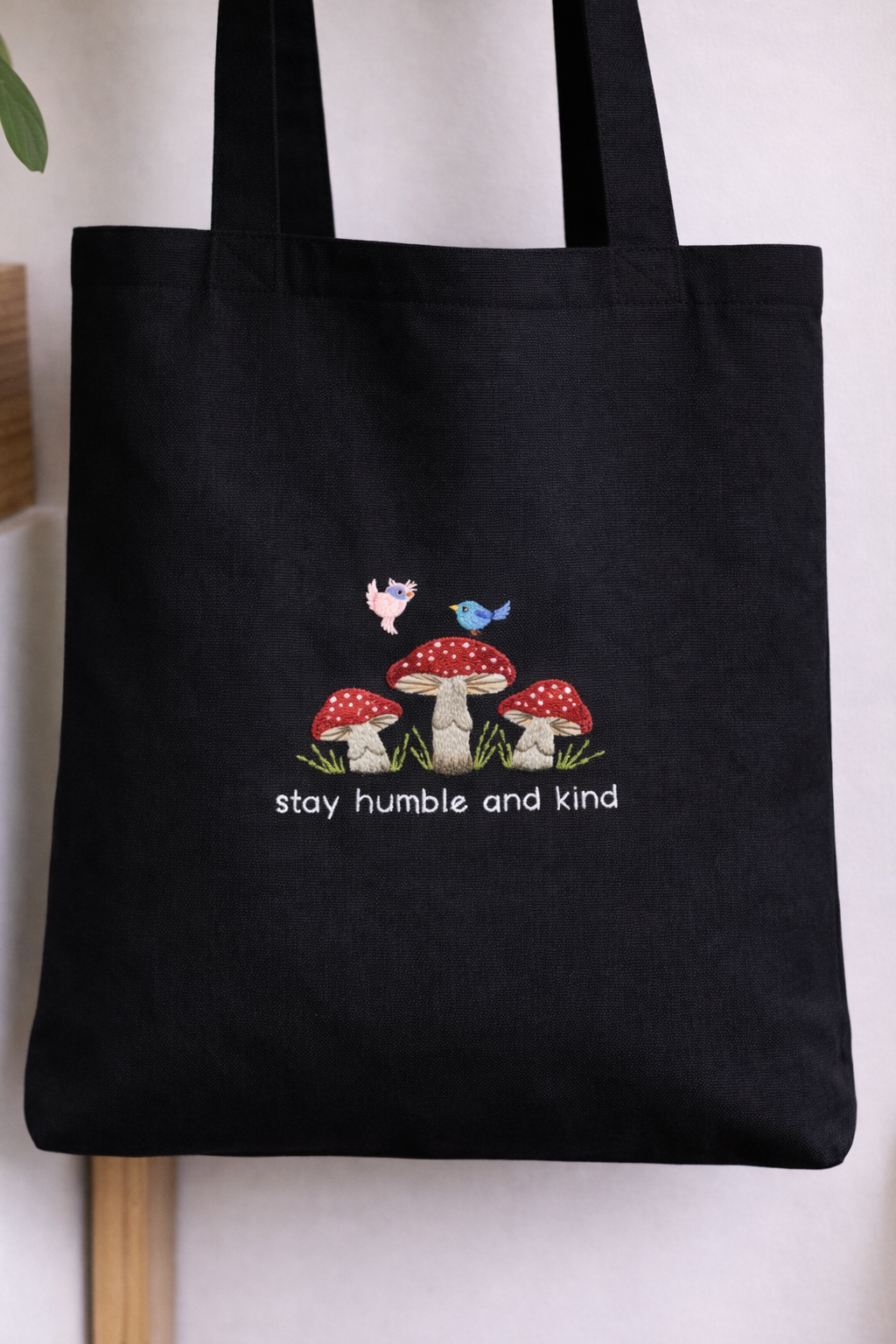 Cute Canvas Bag - Hand-Embroidered With Mushroom Design