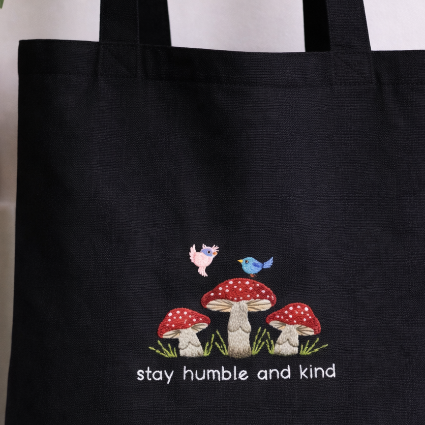 Cute Canvas Bag - Hand-Embroidered With Mushroom Design