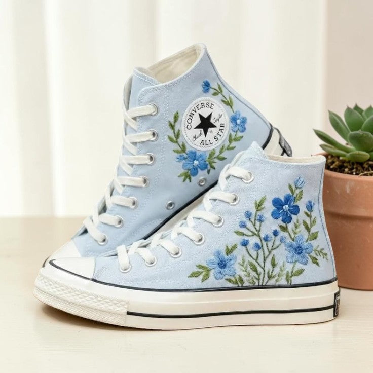 Embroidered Blue Converse with Flowers - Personalized Style
