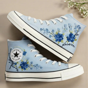 Converse Embroidered Blue Flower Sneakers