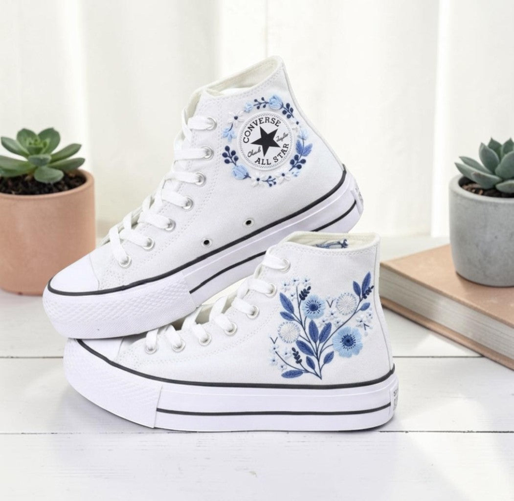 Converse Hand-Embroidered Blue Flower High-Top Sneakers
