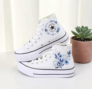 Converse Hand-Embroidered Blue Flower High-Top Sneakers