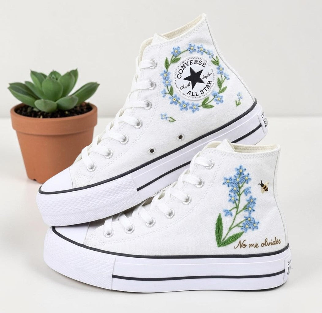 Embroidered Converse Shoes with Blue Flowers Design