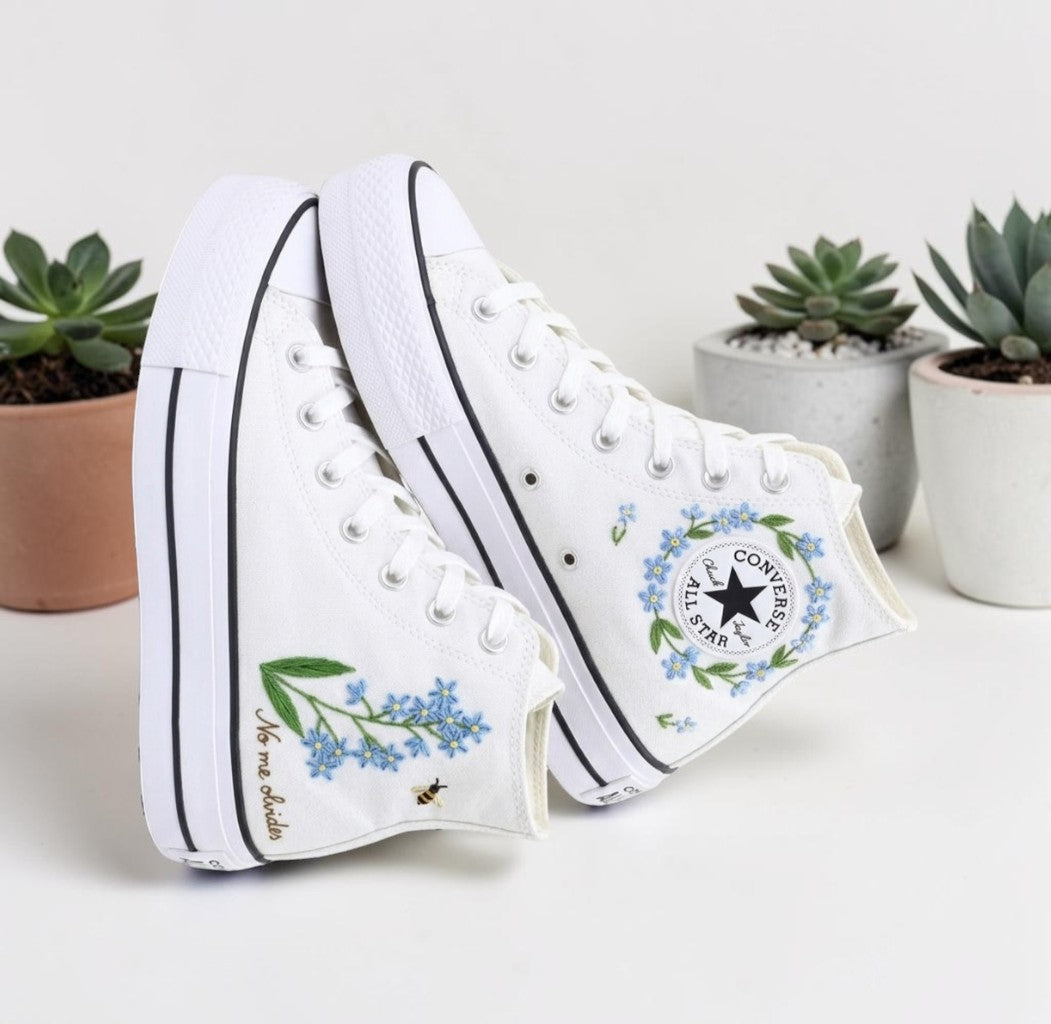 Embroidered Converse Shoes with Blue Flowers Design