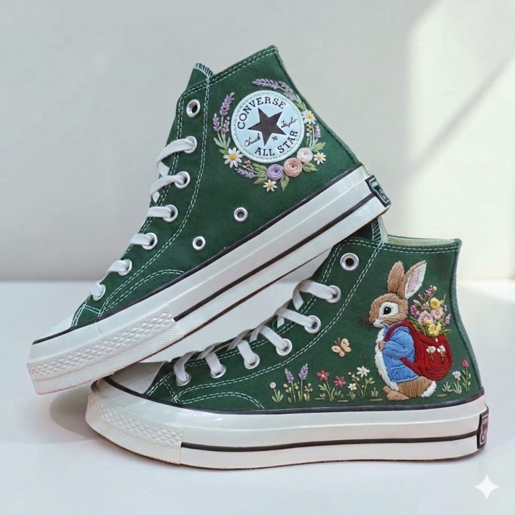 Embroidered Bunny Converse Shoes - Personalized Floral Art