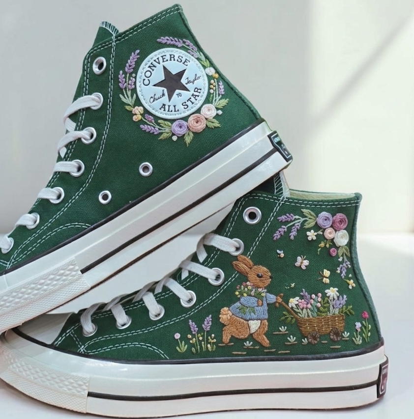 Embroidered Converse Bunny Shoes with Floral Design