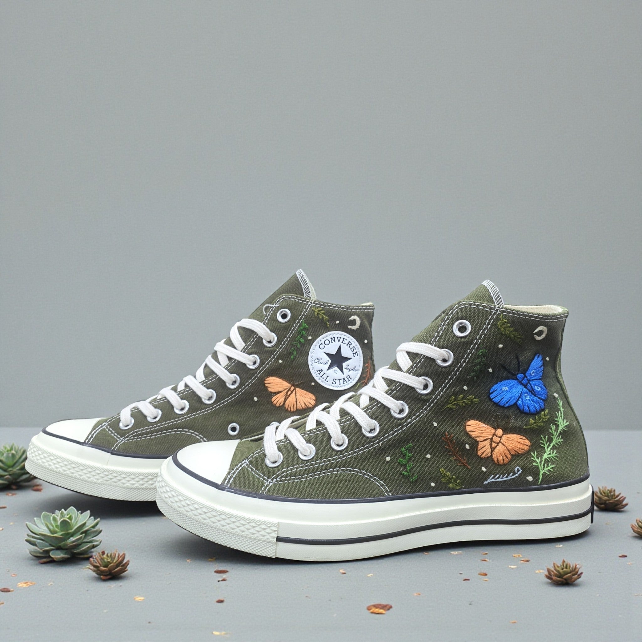 Converse Hand-Embroidered Butterfly Design - Hand-Stitched Embroidery