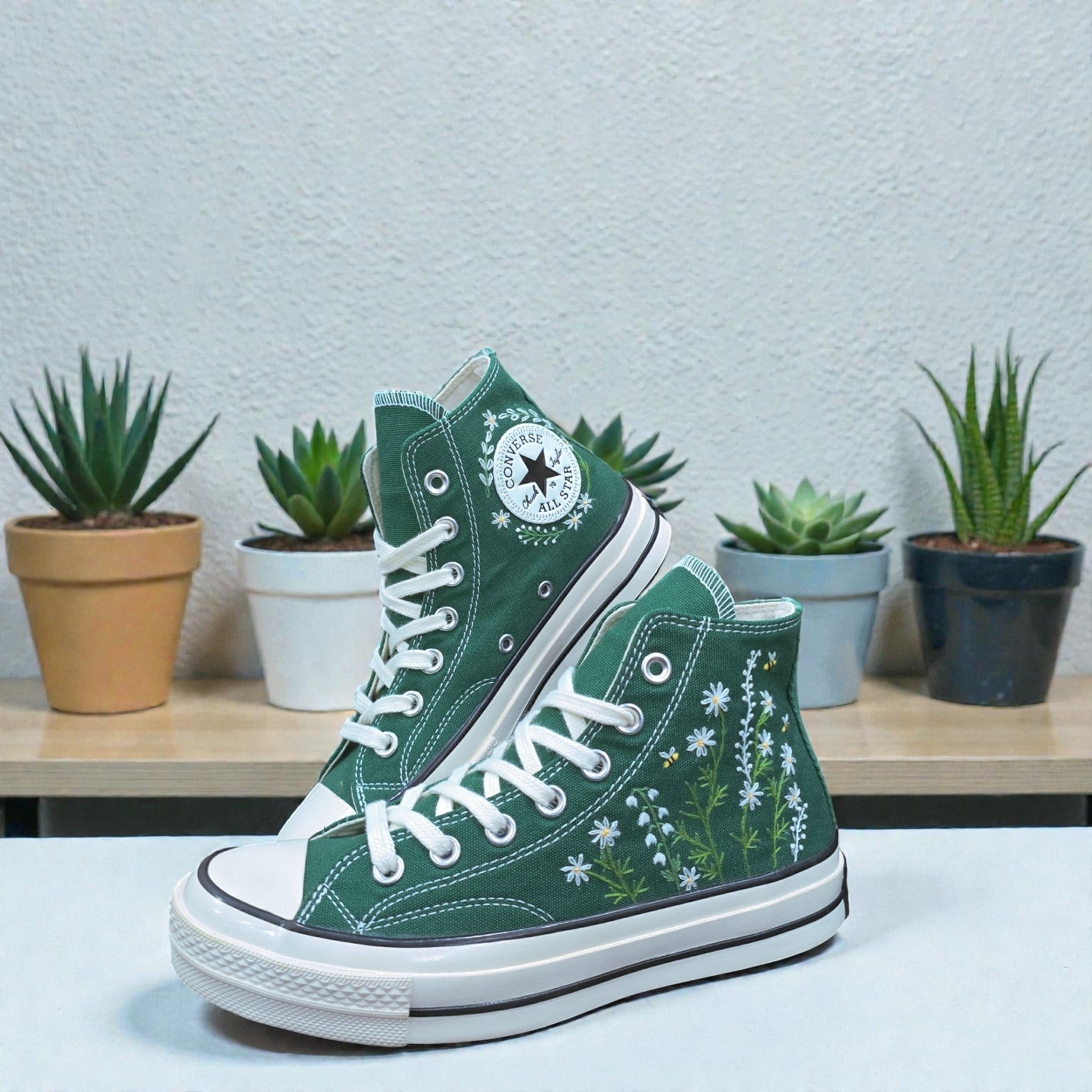 Converse Hand-Embroidered Dark Green with Hand-Stitched Floral Embroidery