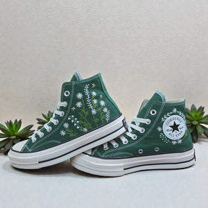 Converse Hand-Embroidered Dark Green with Hand-Stitched Floral Embroidery
