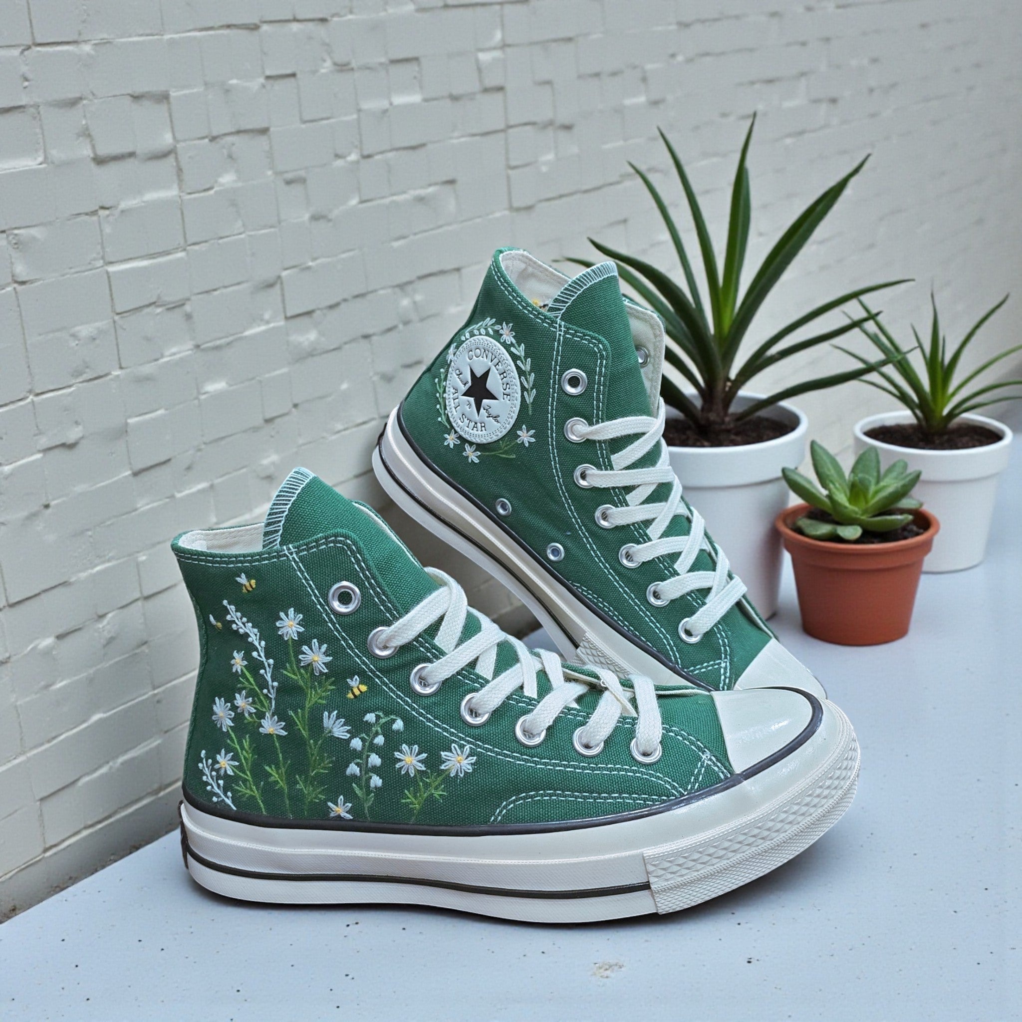 Converse Hand-Embroidered Dark Green with Hand-Stitched Floral Embroidery