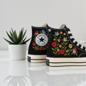 Converse Floral High Top Shoes with Hand-Stitched Embroidery