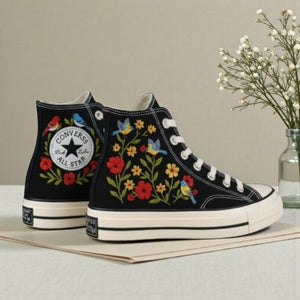 Converse Floral High Top Shoes with Hand-Stitched Embroidery