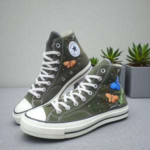 Converse Hand-Embroidered Moss Green Converse with Floral Embroidery Design