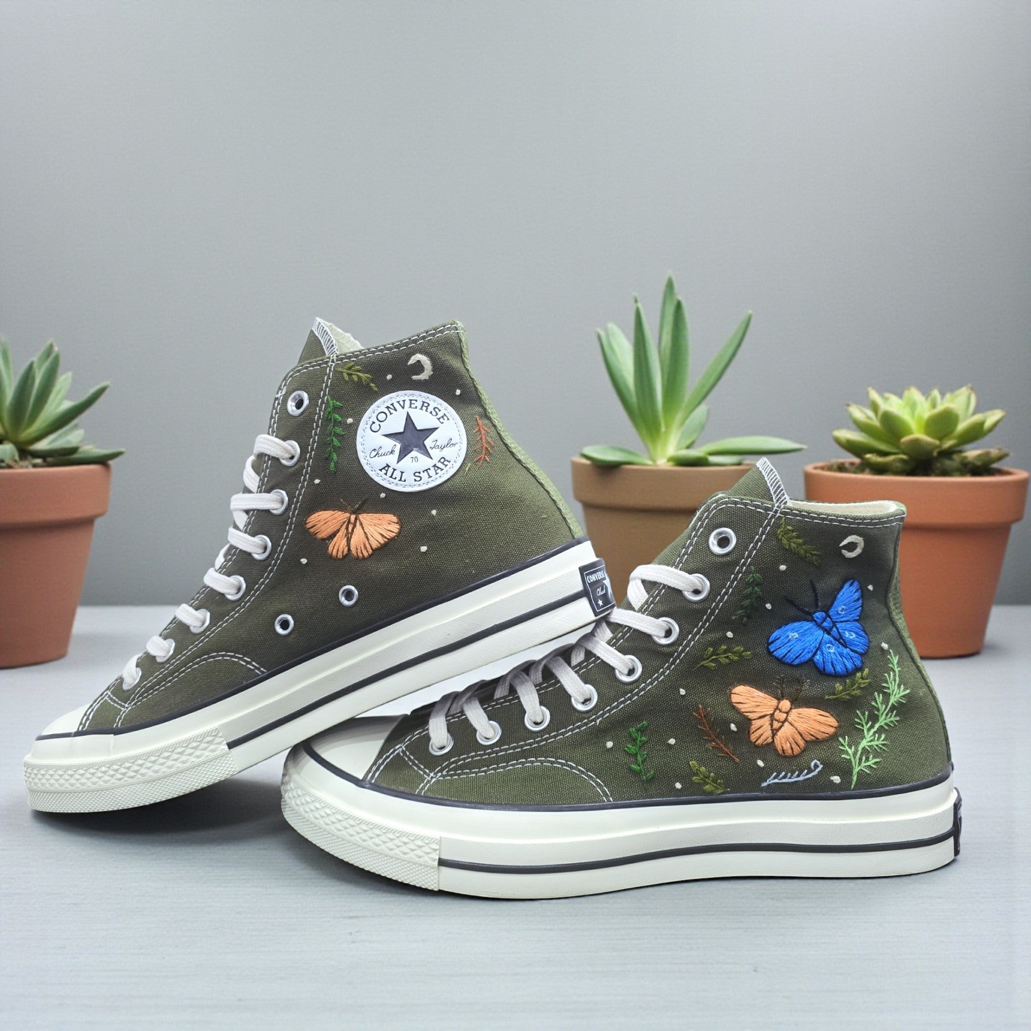 Converse Hand-Embroidered Moss Green Converse with Floral Embroidery Design
