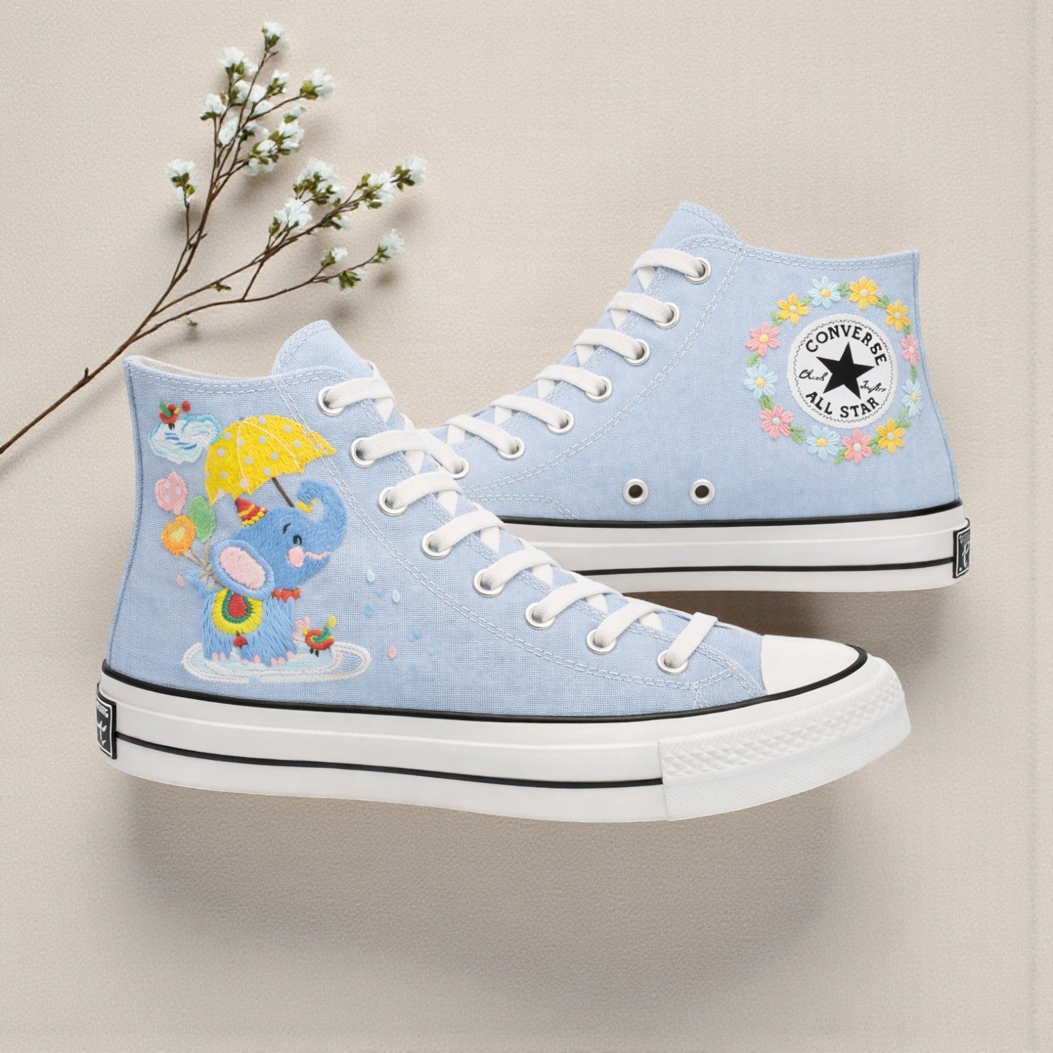 Converse Hand-Embroidered Powder Blue with Floral Embroidery Design