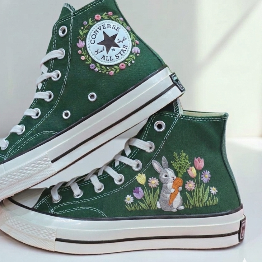 Embroidered Converse Rabbit Shoes with Floral Design