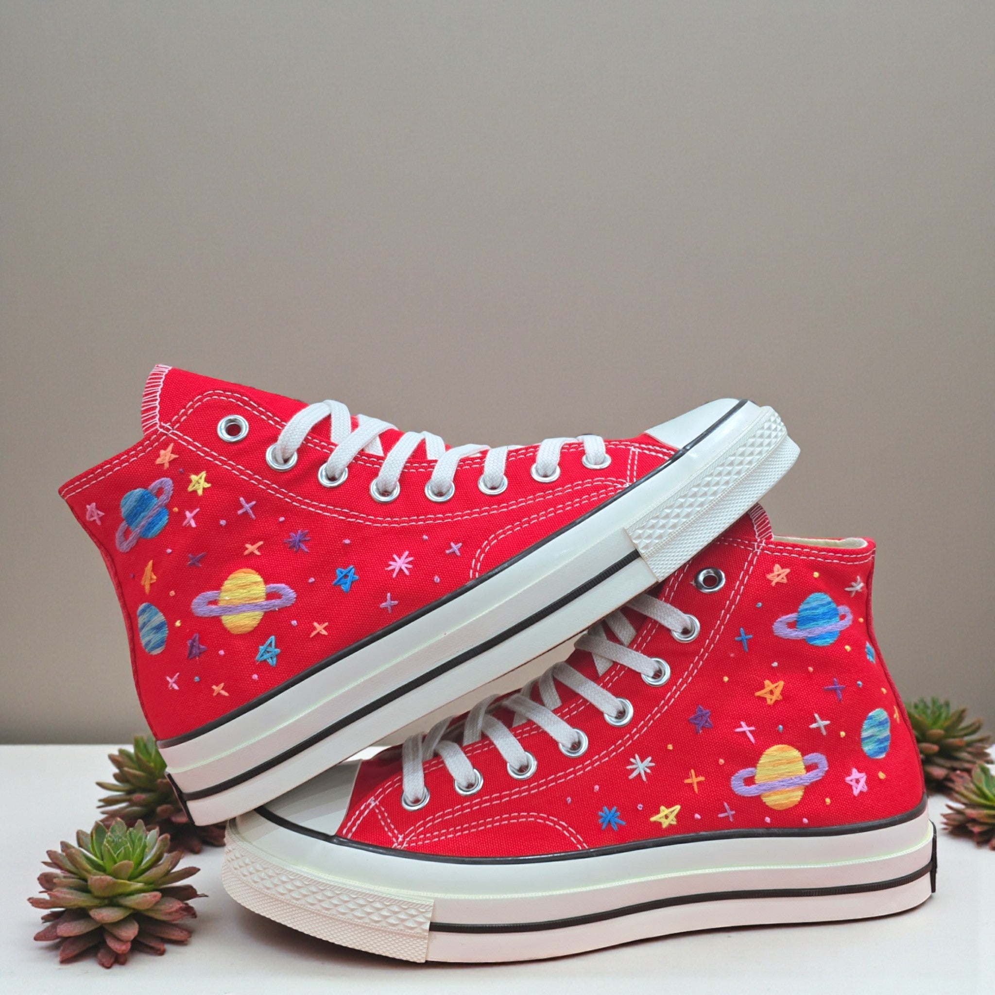 Converse Hand-Embroidered Red Converse High Tops