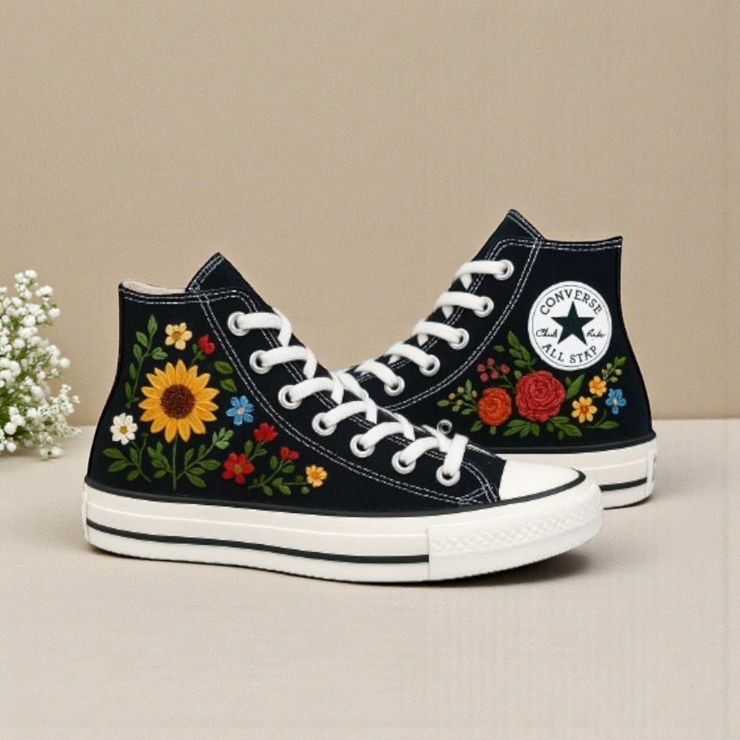 Converse with Roses Embroidered High-Top Shoes