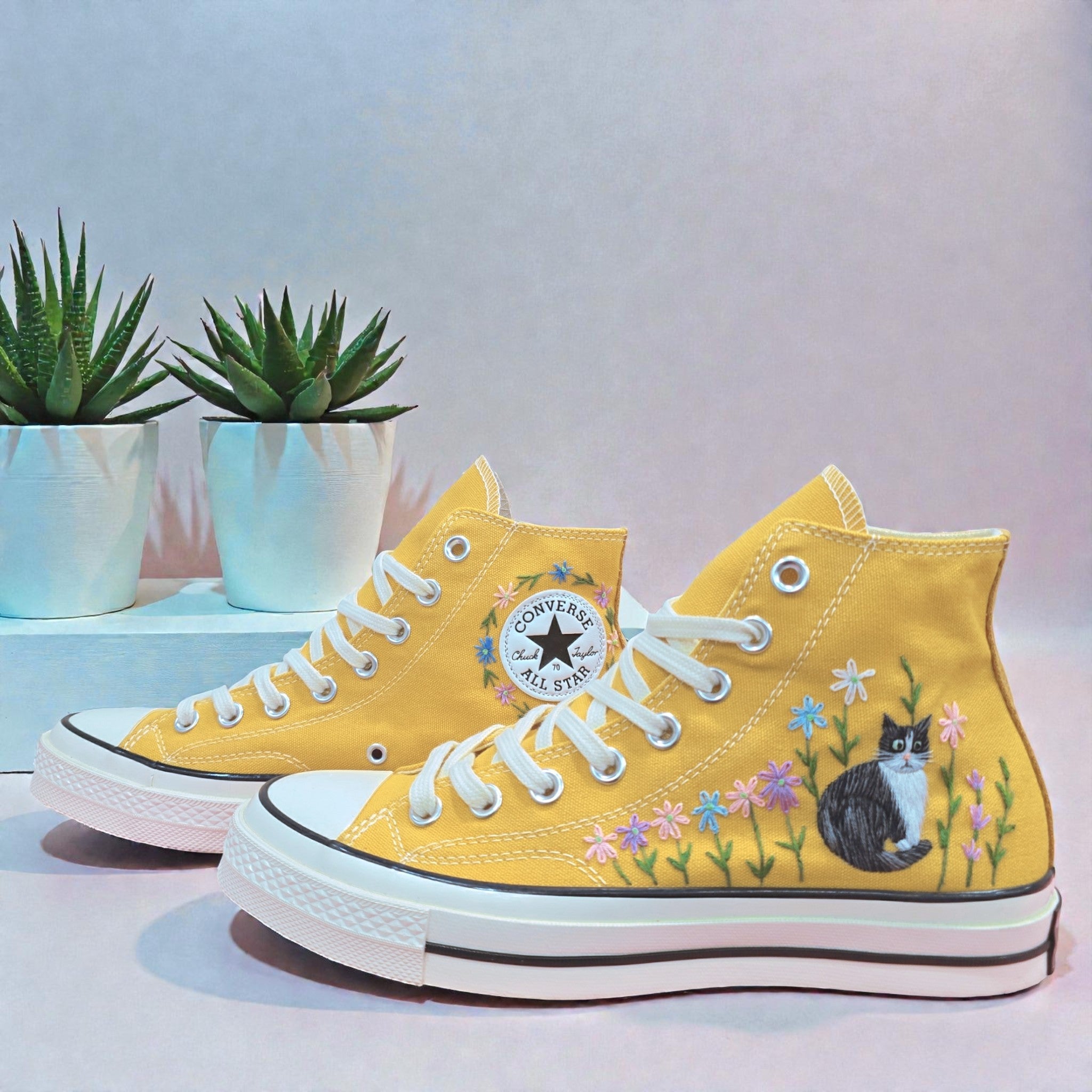 Converse Hand-Embroidered Yellow Converse High Tops