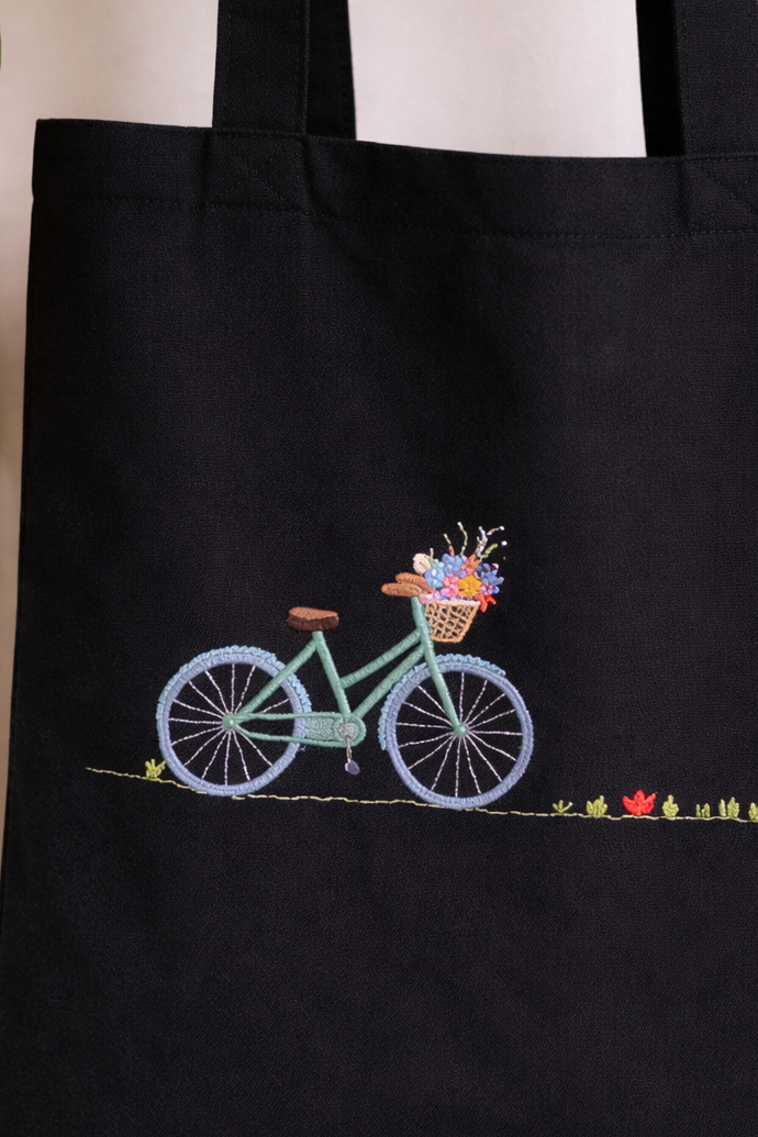 Cute Tote Bag Hand-Embroidered - Floral Bicycle Design